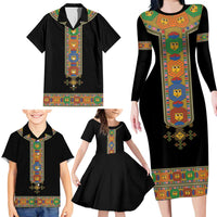 Ethiopia Saba Kemis Family Matching Long Sleeve Bodycon Dress and Hawaiian Shirt Habesha Style Black Color