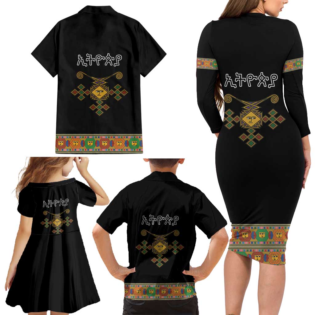 Ethiopia Saba Kemis Family Matching Long Sleeve Bodycon Dress and Hawaiian Shirt Habesha Style Black Color