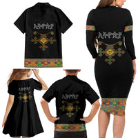 Ethiopia Saba Kemis Family Matching Long Sleeve Bodycon Dress and Hawaiian Shirt Habesha Style Black Color