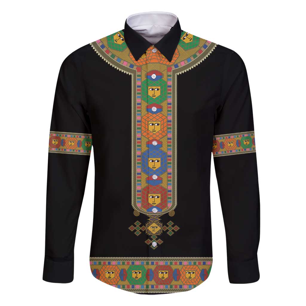 Ethiopia Saba Kemis Family Matching Long Sleeve Bodycon Dress and Hawaiian Shirt Habesha Style Black Color