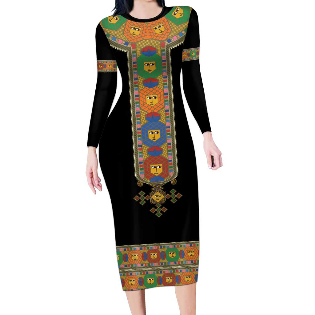 Ethiopia Saba Kemis Family Matching Long Sleeve Bodycon Dress and Hawaiian Shirt Habesha Style Black Color