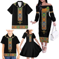 Ethiopia Saba Kemis Family Matching Off The Shoulder Long Sleeve Dress and Hawaiian Shirt Habesha Style Black Color