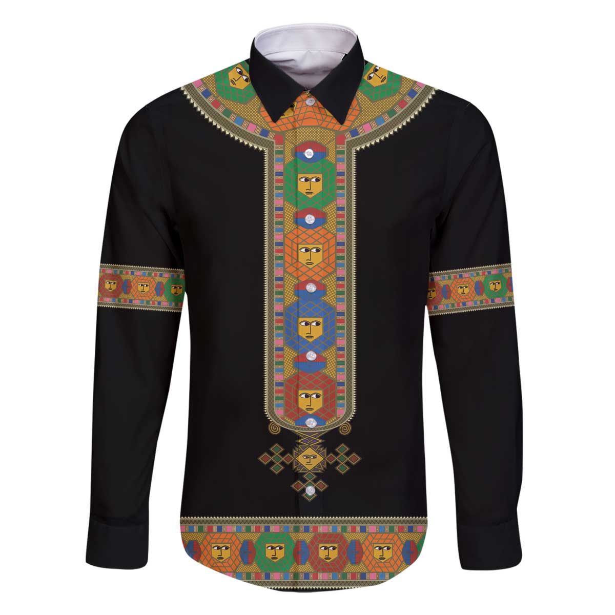 Ethiopia Saba Kemis Family Matching Off The Shoulder Long Sleeve Dress and Hawaiian Shirt Habesha Style Black Color