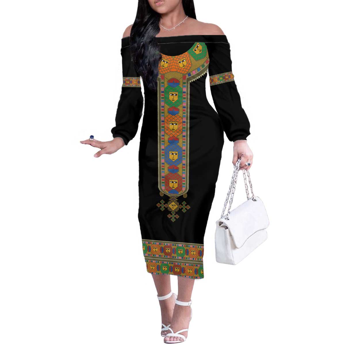 Ethiopia Saba Kemis Family Matching Off The Shoulder Long Sleeve Dress and Hawaiian Shirt Habesha Style Black Color