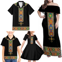 Ethiopia Saba Kemis Family Matching Off Shoulder Maxi Dress and Hawaiian Shirt Habesha Style Black Color