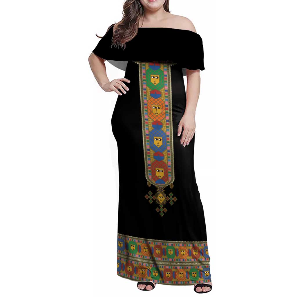 Ethiopia Saba Kemis Family Matching Off Shoulder Maxi Dress and Hawaiian Shirt Habesha Style Black Color
