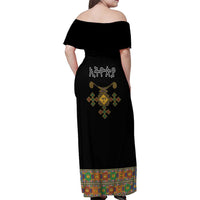 Ethiopia Saba Kemis Family Matching Off Shoulder Maxi Dress and Hawaiian Shirt Habesha Style Black Color