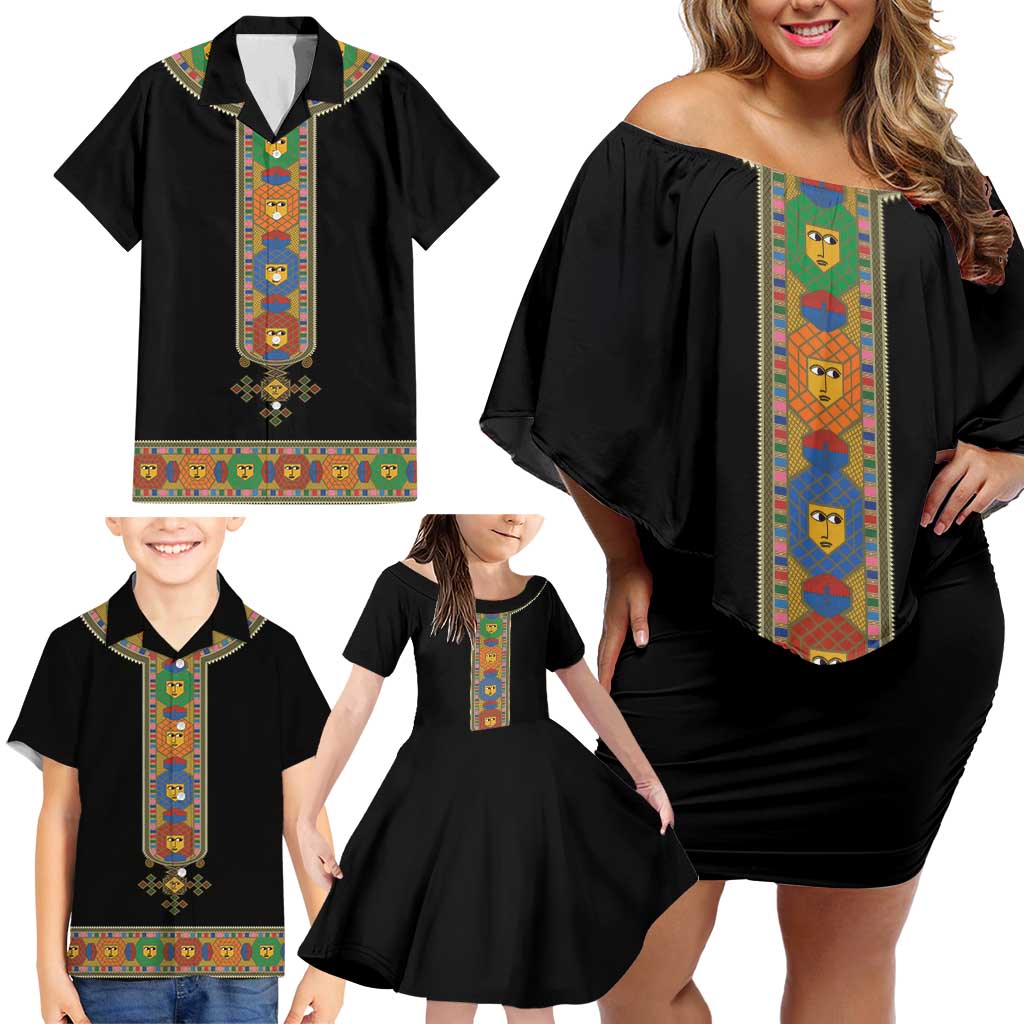 Ethiopia Saba Kemis Family Matching Off Shoulder Short Dress and Hawaiian Shirt Habesha Style Black Color