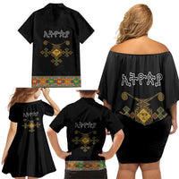 Ethiopia Saba Kemis Family Matching Off Shoulder Short Dress and Hawaiian Shirt Habesha Style Black Color