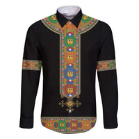 Ethiopia Saba Kemis Family Matching Off Shoulder Short Dress and Hawaiian Shirt Habesha Style Black Color