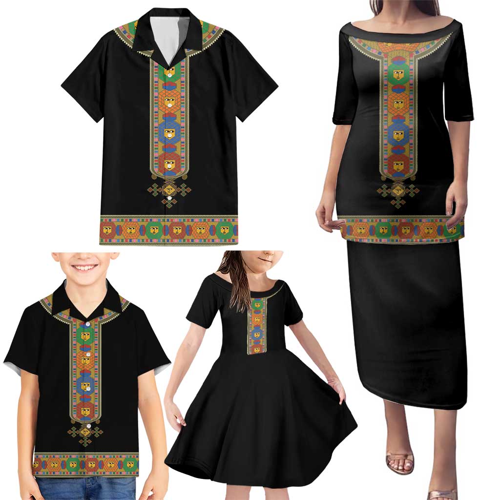 Ethiopia Saba Kemis Family Matching Puletasi and Hawaiian Shirt Habesha Style Black Color