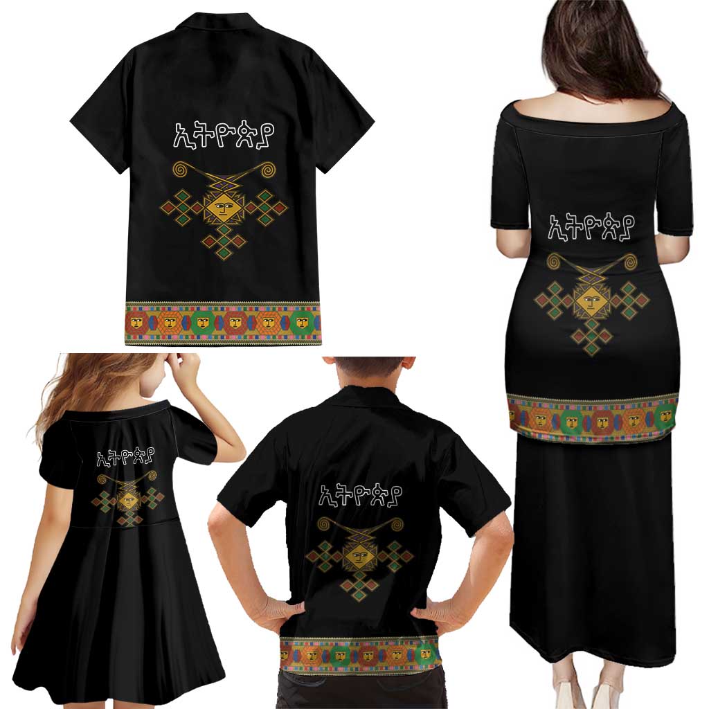 Ethiopia Saba Kemis Family Matching Puletasi and Hawaiian Shirt Habesha Style Black Color