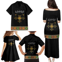 Ethiopia Saba Kemis Family Matching Puletasi and Hawaiian Shirt Habesha Style Black Color
