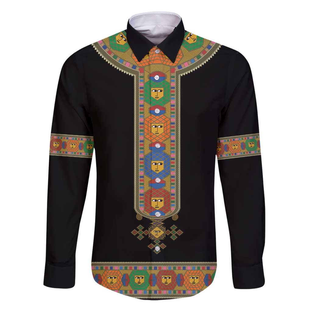 Ethiopia Saba Kemis Family Matching Puletasi and Hawaiian Shirt Habesha Style Black Color