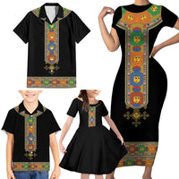 Ethiopia Saba Kemis Family Matching Short Sleeve Bodycon Dress and Hawaiian Shirt Habesha Style Black Color