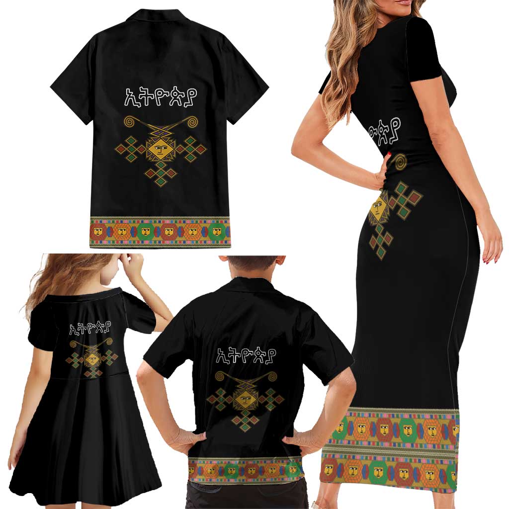 Ethiopia Saba Kemis Family Matching Short Sleeve Bodycon Dress and Hawaiian Shirt Habesha Style Black Color