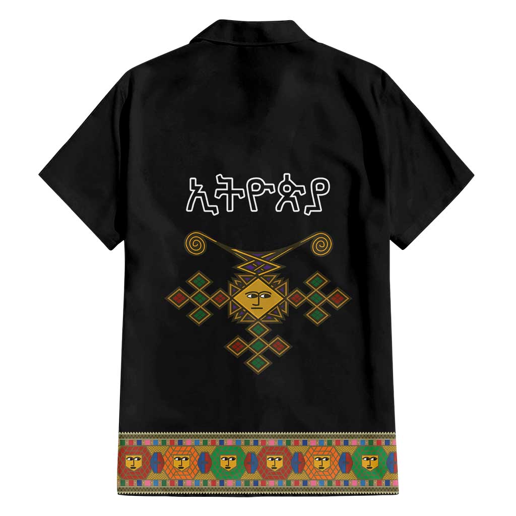 Ethiopia Saba Kemis Family Matching Short Sleeve Bodycon Dress and Hawaiian Shirt Habesha Style Black Color