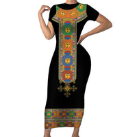 Ethiopia Saba Kemis Family Matching Short Sleeve Bodycon Dress and Hawaiian Shirt Habesha Style Black Color