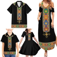 Ethiopia Saba Kemis Family Matching Summer Maxi Dress and Hawaiian Shirt Habesha Style Black Color