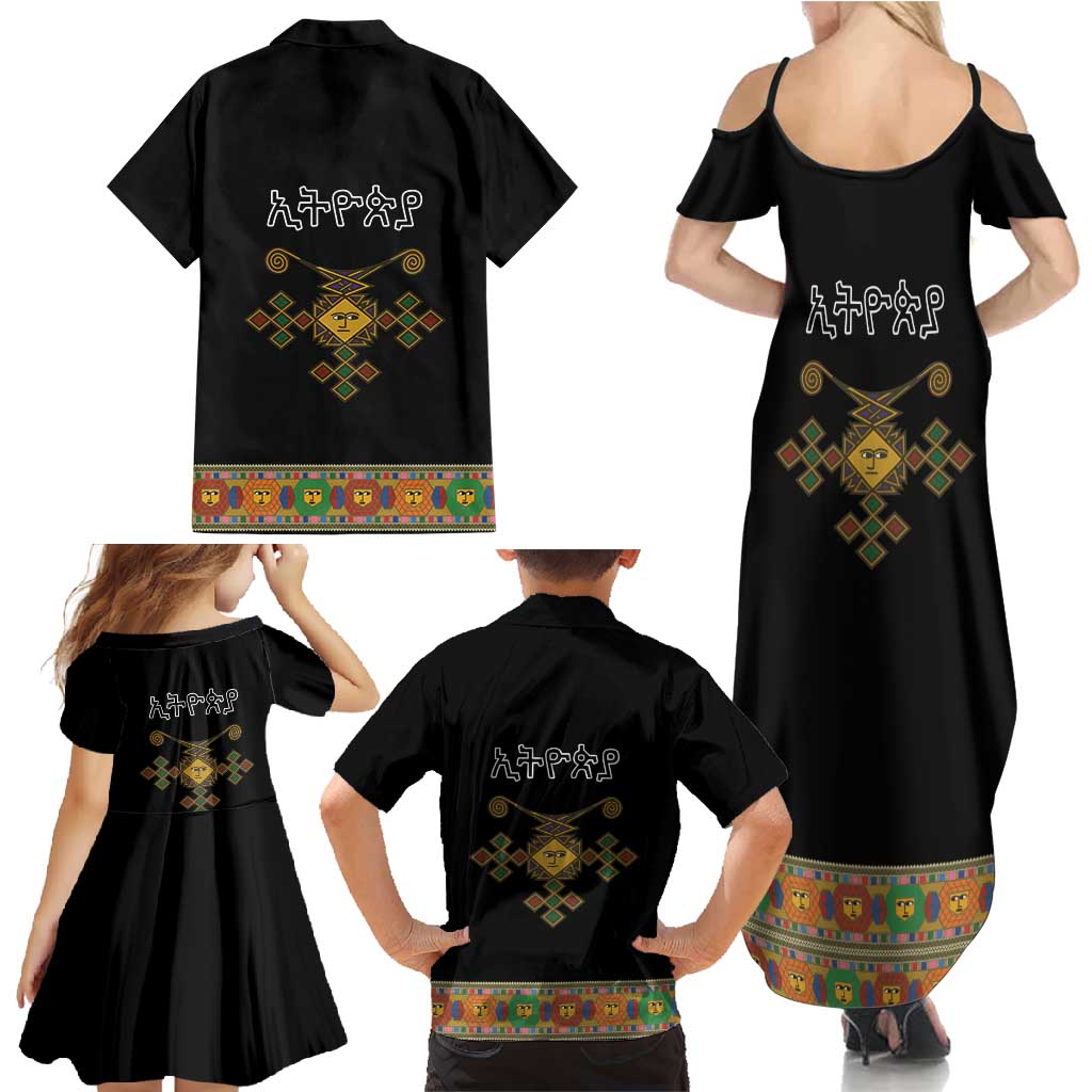 Ethiopia Saba Kemis Family Matching Summer Maxi Dress and Hawaiian Shirt Habesha Style Black Color