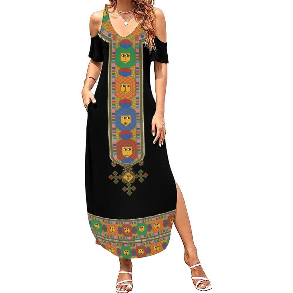 Ethiopia Saba Kemis Family Matching Summer Maxi Dress and Hawaiian Shirt Habesha Style Black Color