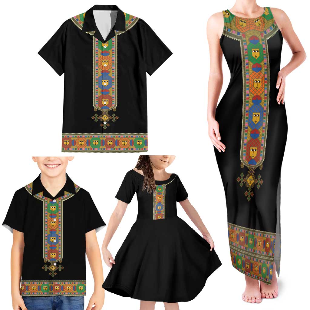 Ethiopia Saba Kemis Family Matching Tank Maxi Dress and Hawaiian Shirt Habesha Style Black Color