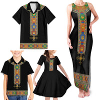 Ethiopia Saba Kemis Family Matching Tank Maxi Dress and Hawaiian Shirt Habesha Style Black Color