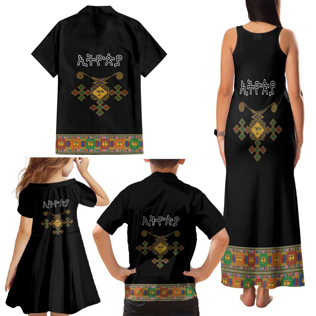Ethiopia Saba Kemis Family Matching Tank Maxi Dress and Hawaiian Shirt Habesha Style Black Color