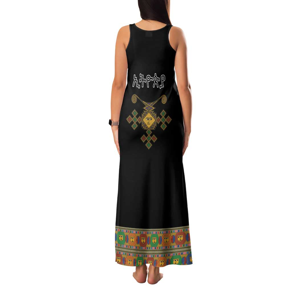 Ethiopia Saba Kemis Family Matching Tank Maxi Dress and Hawaiian Shirt Habesha Style Black Color