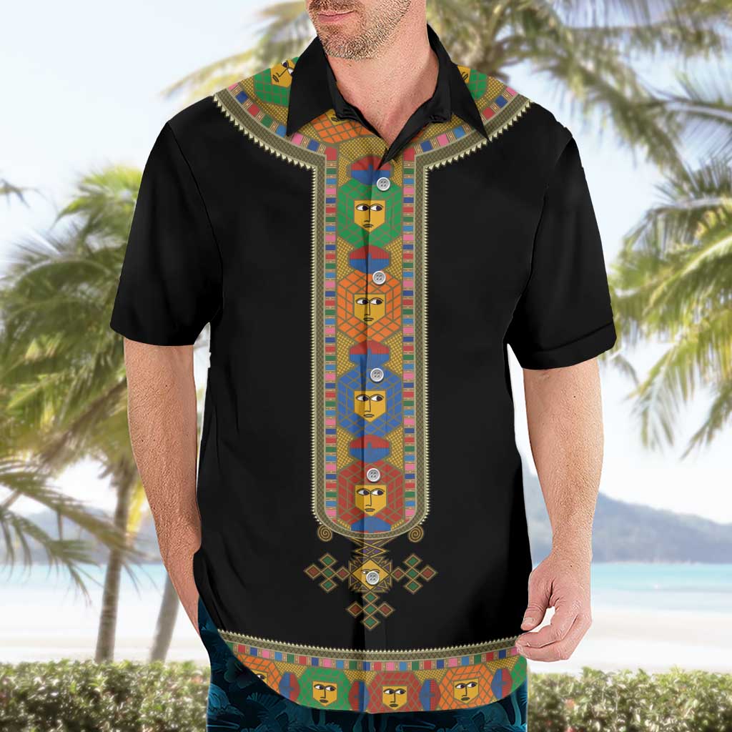 Ethiopia Saba Kemis Hawaiian Shirt Habesha Style Black Color
