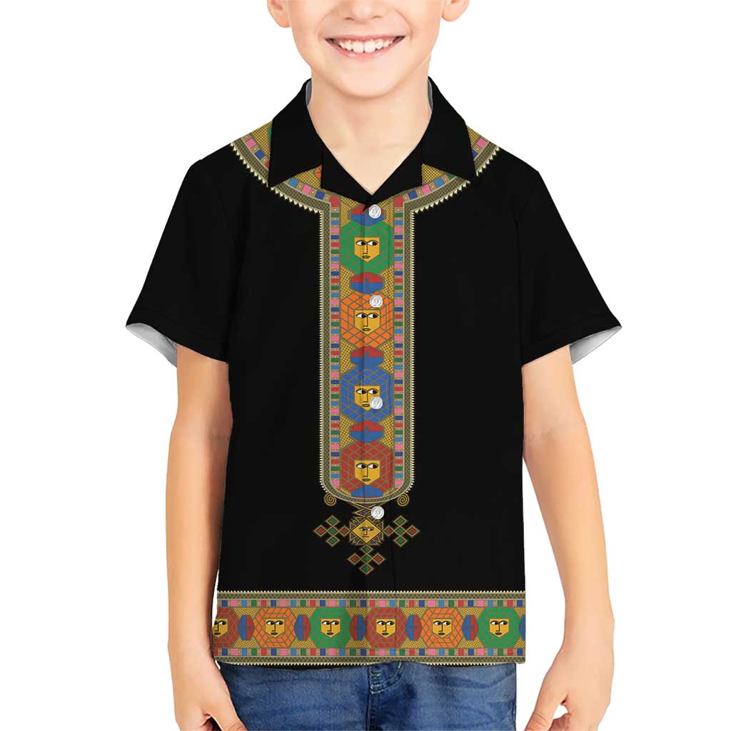 Ethiopia Saba Kemis Kid Hawaiian Shirt Habesha Style Black Color