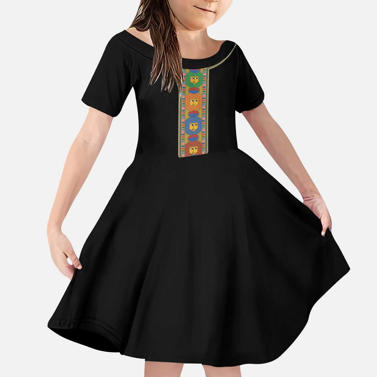 Ethiopia Saba Kemis Kid Short Sleeve Dress Habesha Style Black Color