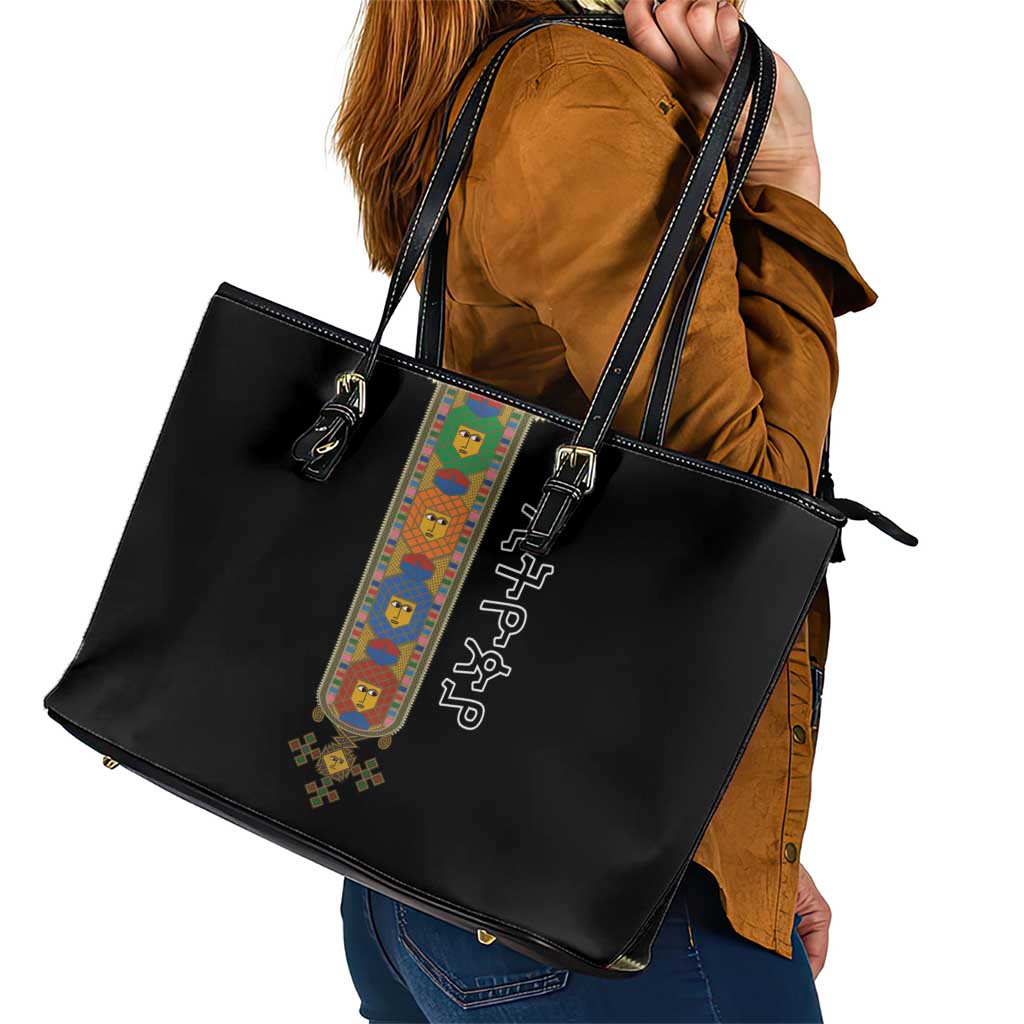 Ethiopia Saba Kemis Leather Tote Bag Habesha Style Black Color
