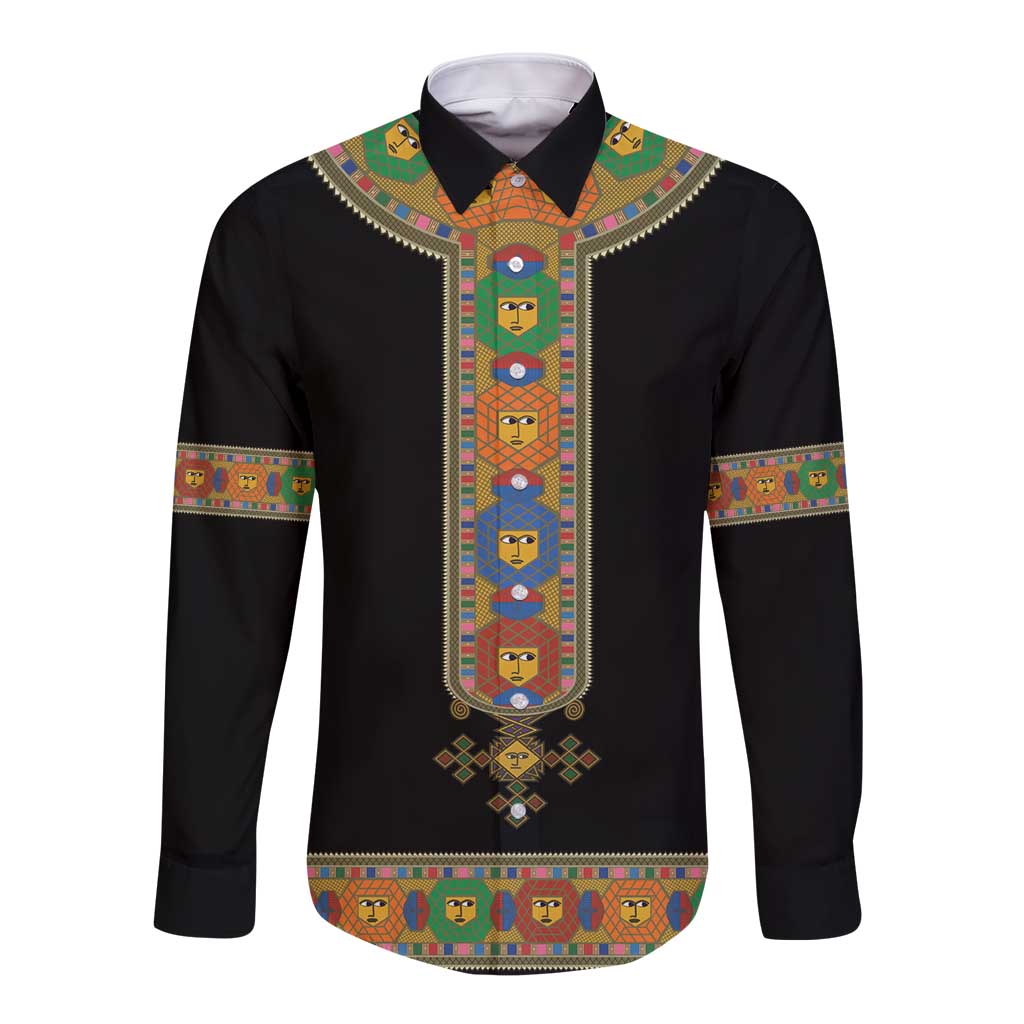 Ethiopia Saba Kemis Long Sleeve Button Shirt Habesha Style Black Color