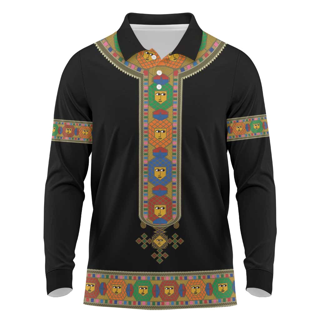 Ethiopia Saba Kemis Long Sleeve Polo Shirt Habesha Style Black Color