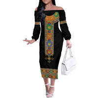 Ethiopia Saba Kemis Off The Shoulder Long Sleeve Dress Habesha Style Black Color