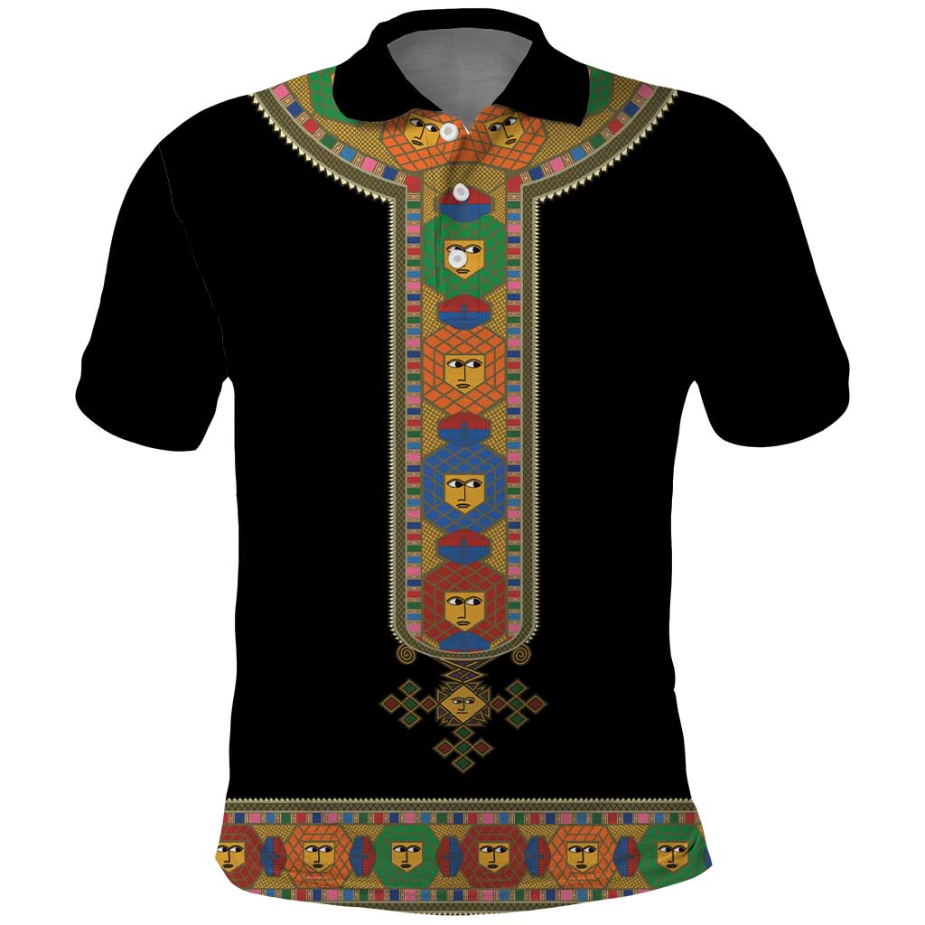 Ethiopia Saba Kemis Polo Shirt Habesha Style Black Color