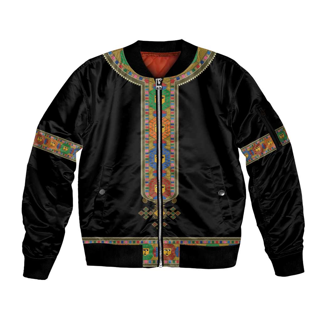Ethiopia Saba Kemis Sleeve Zip Bomber Jacket Habesha Style Black Color