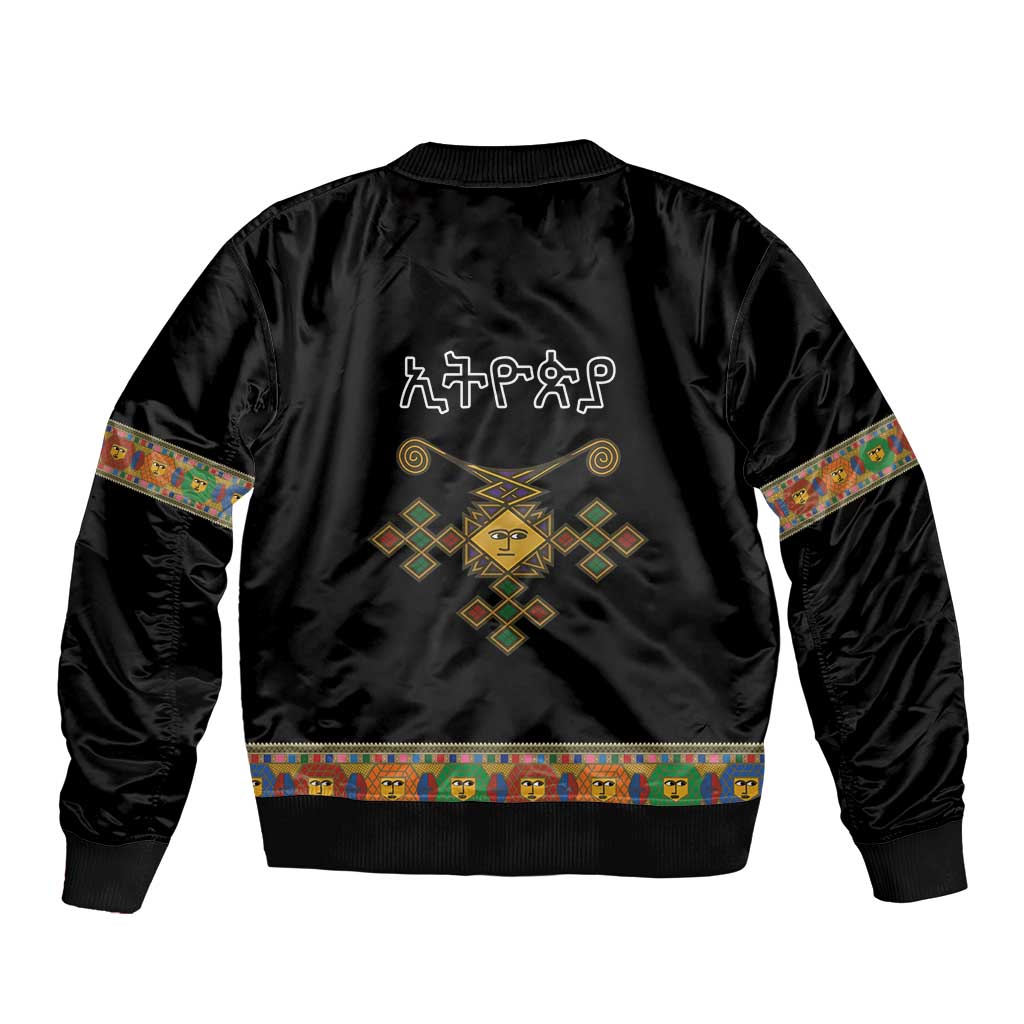 Ethiopia Saba Kemis Sleeve Zip Bomber Jacket Habesha Style Black Color