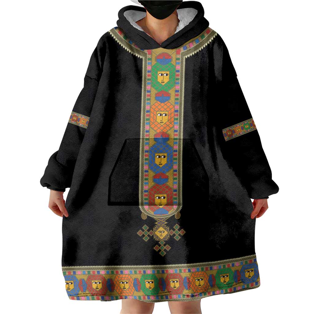 Ethiopia Saba Kemis Wearable Blanket Hoodie Habesha Style Black Color
