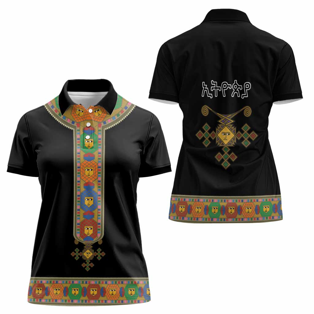 Ethiopia Saba Kemis Women Polo Shirt Habesha Style Black Color