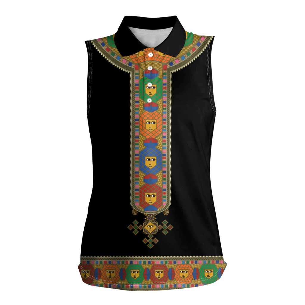 Ethiopia Saba Kemis Women Sleeveless Polo Shirt Habesha Style Black Color
