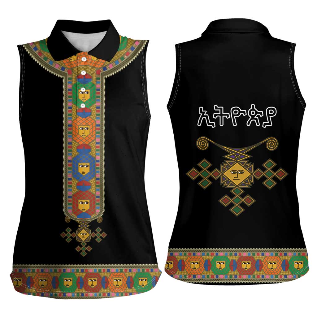 Ethiopia Saba Kemis Women Sleeveless Polo Shirt Habesha Style Black Color