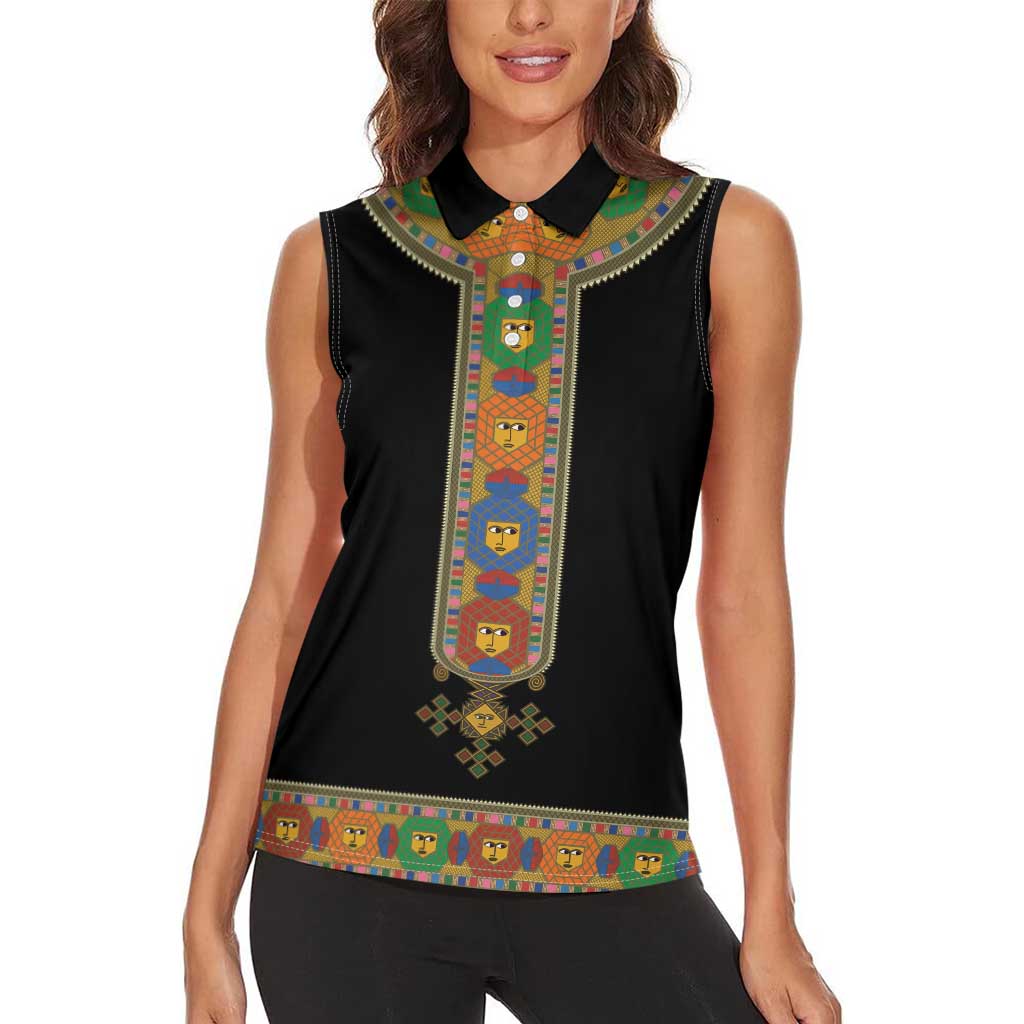 Ethiopia Saba Kemis Women Sleeveless Polo Shirt Habesha Style Black Color