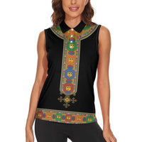 Ethiopia Saba Kemis Women Sleeveless Polo Shirt Habesha Style Black Color