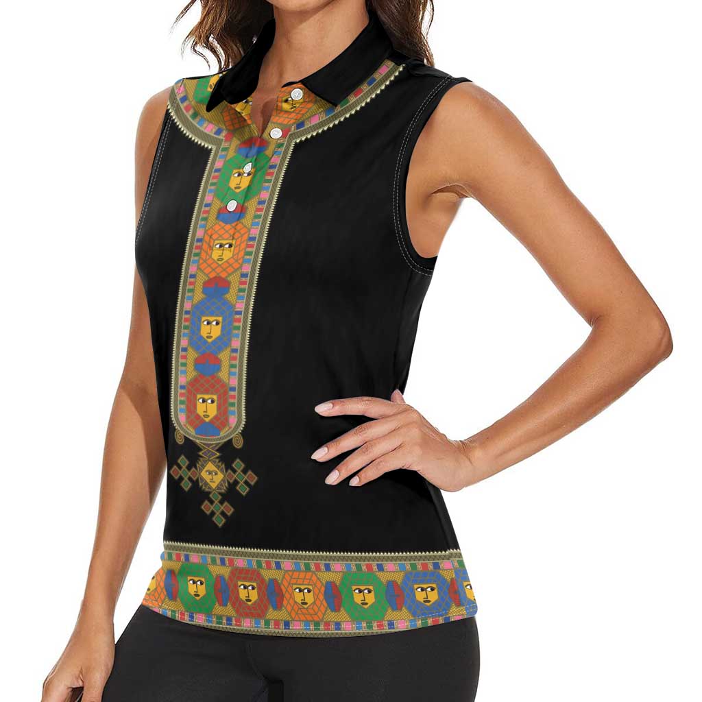 Ethiopia Saba Kemis Women Sleeveless Polo Shirt Habesha Style Black Color