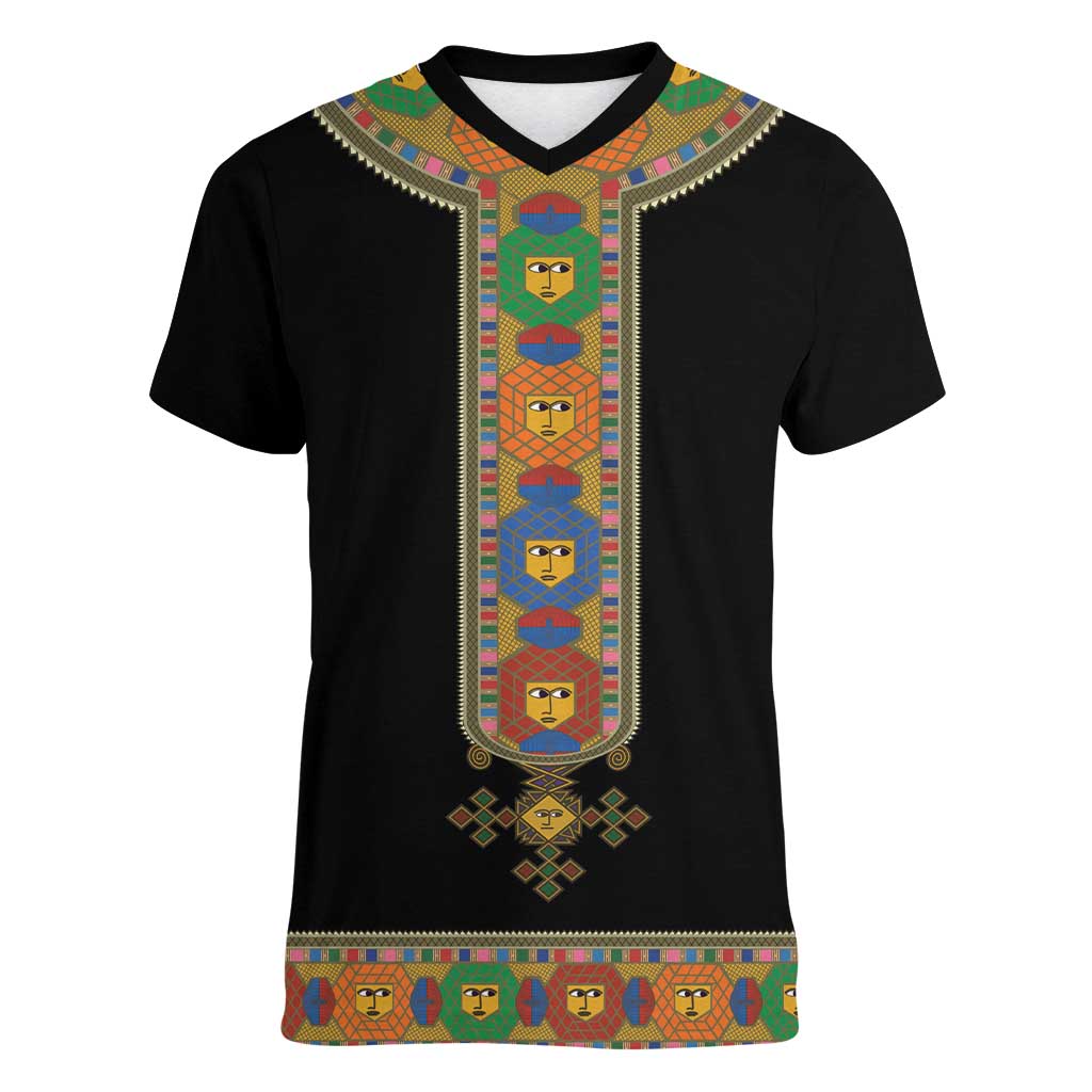 Ethiopia Saba Kemis Women V-Neck T-Shirt Habesha Style Black Color