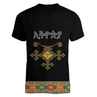 Ethiopia Saba Kemis Women V-Neck T-Shirt Habesha Style Black Color
