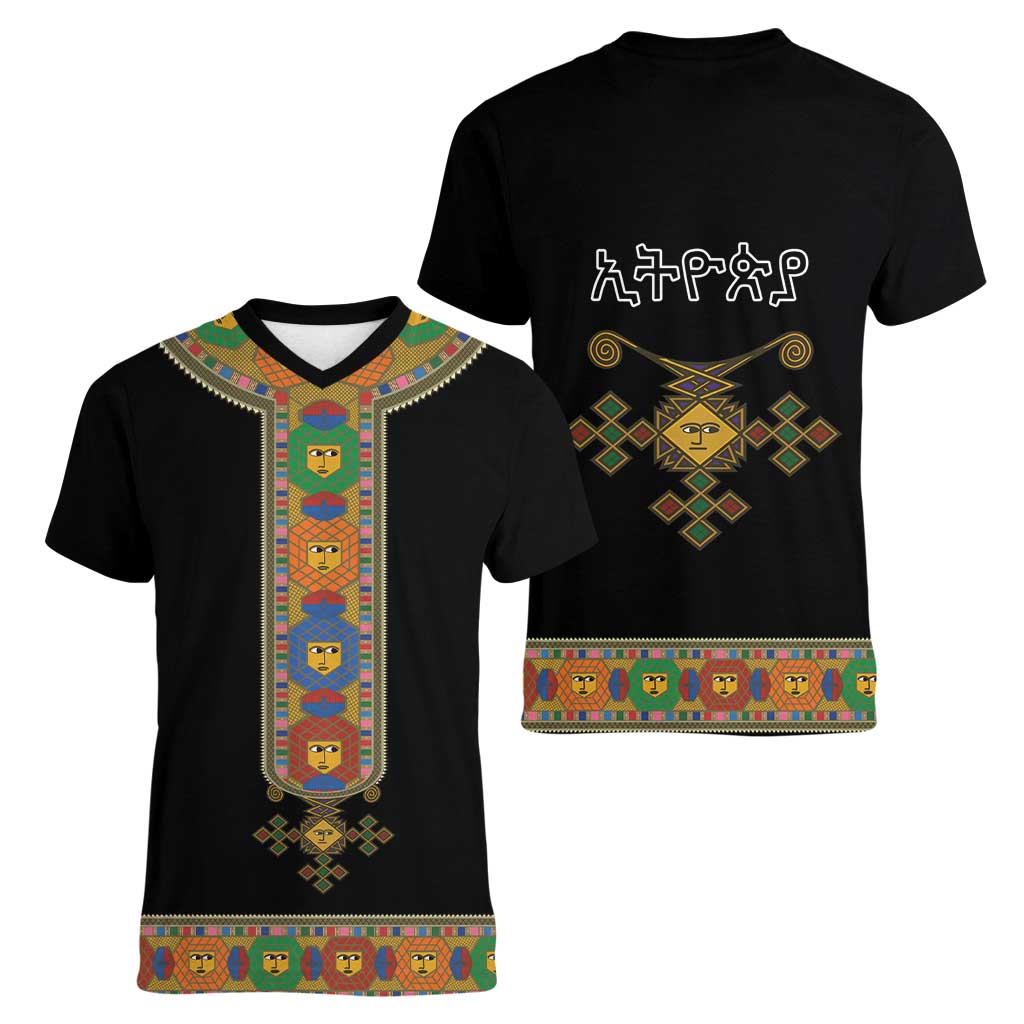 Ethiopia Saba Kemis Women V-Neck T-Shirt Habesha Style Black Color
