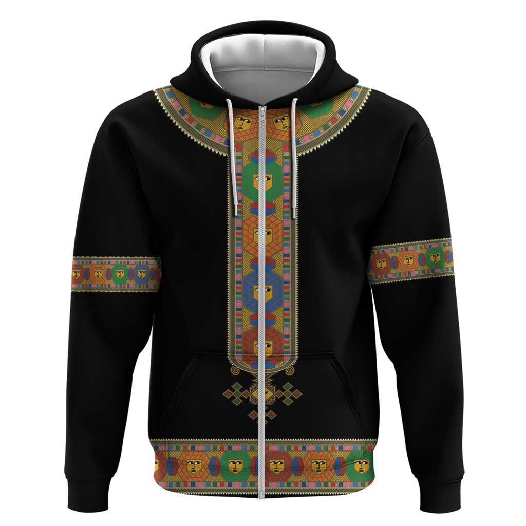 Ethiopia Saba Kemis Zip Hoodie Habesha Style Black Color